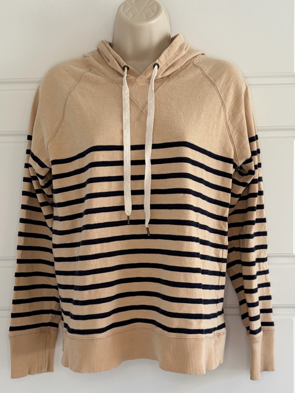J. Crew Striped Tan / Cream Black Cotton Hoodie Preppy Beachy Neutral Soft